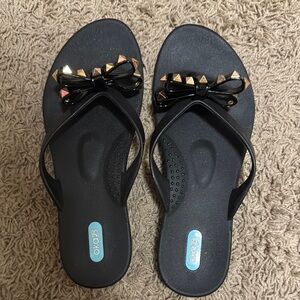 OKA b. Black and Gold Sandals with Studded Bow